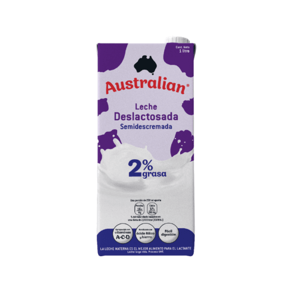 Leche Líquida Semidescremada Deslactosada 2% Grasa UHT Australian 1lt